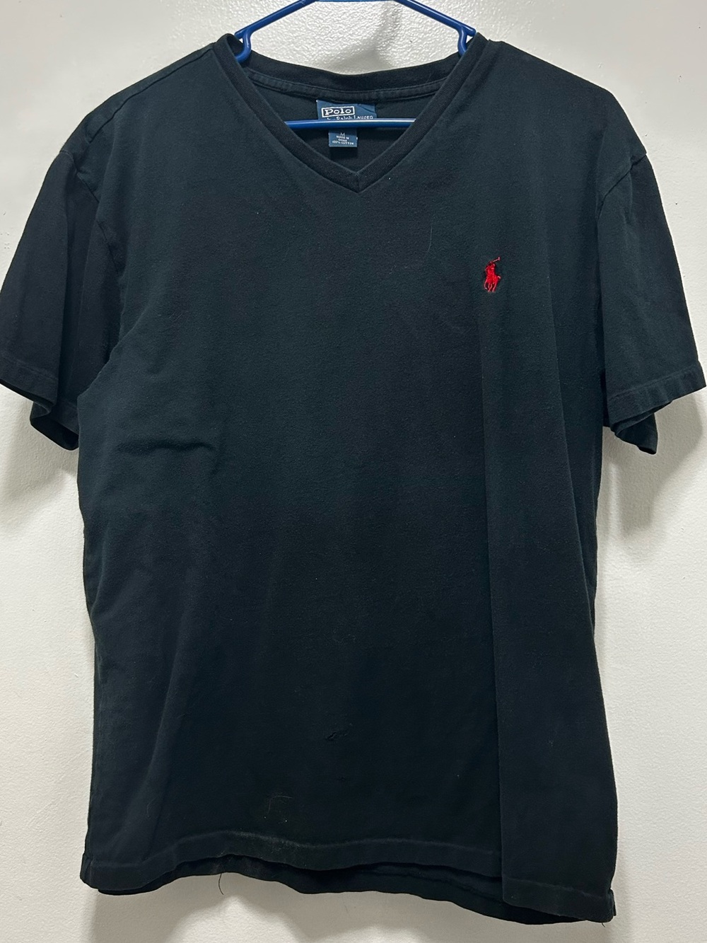 Polo by Ralph Lauren Black V-Neck T-Shirt with Red Pony Logo - Faded